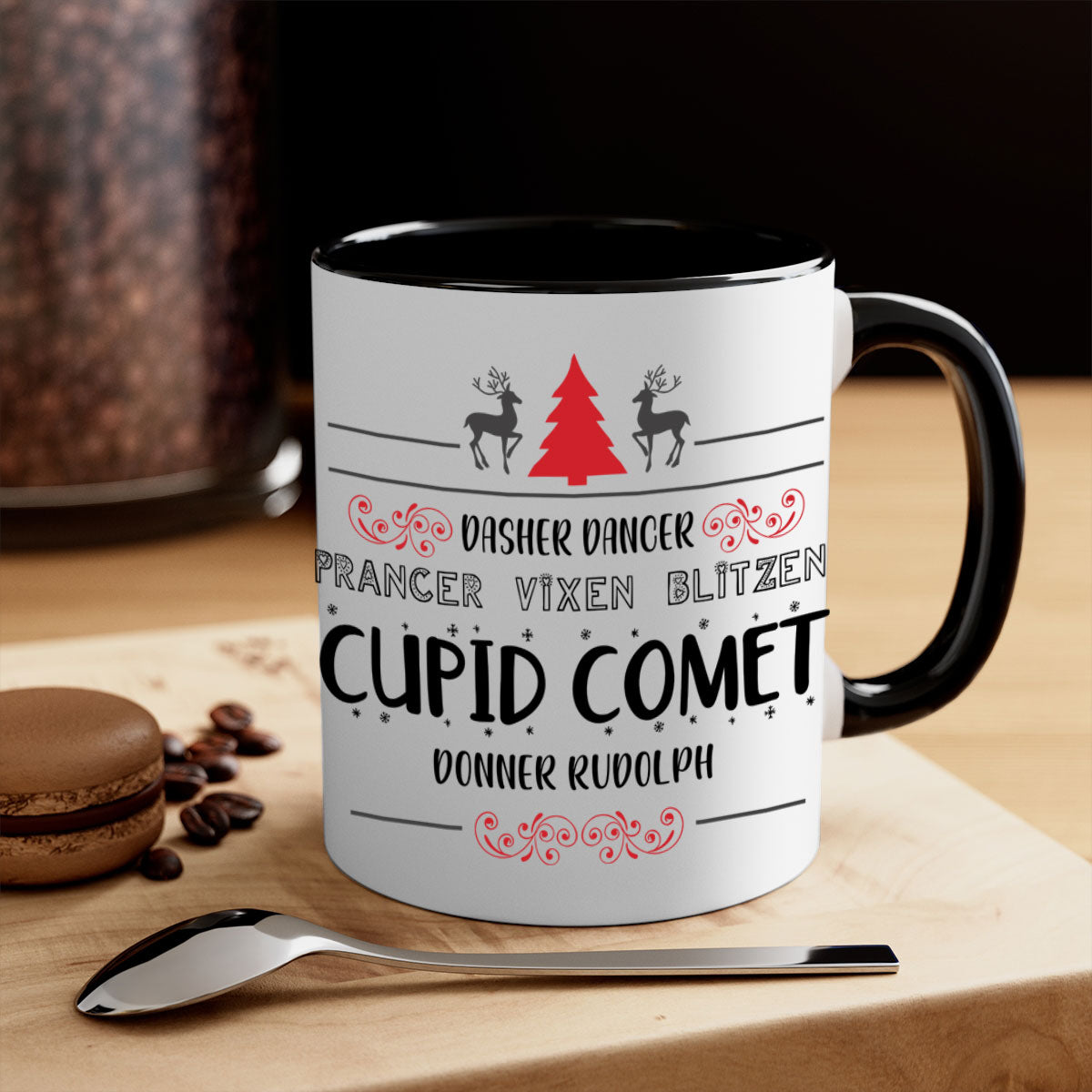 Ceramic Dasher Dancer Prancer Vixen Blitzen Cupid Comet Donner Rudolph Mug with colorful handle and glossy finish.