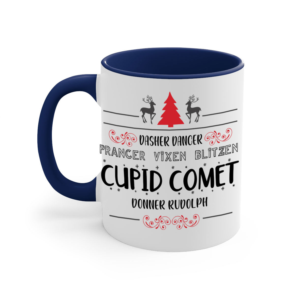 Ceramic Dasher Dancer Prancer Vixen Blitzen Cupid Comet Donner Rudolph Mug with colorful handle and glossy finish.