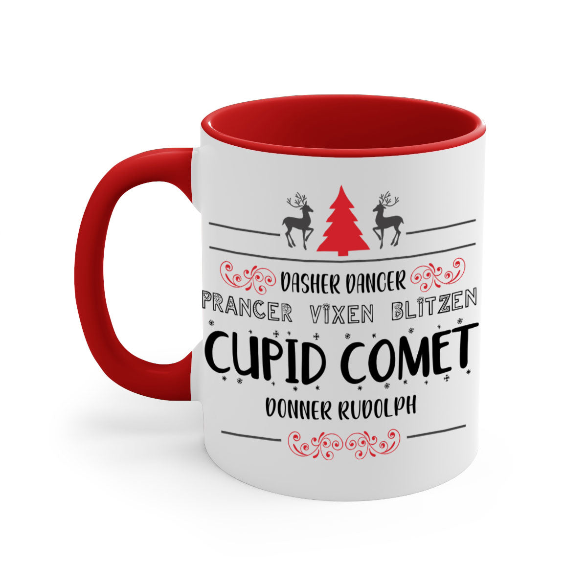 Ceramic Dasher Dancer Prancer Vixen Blitzen Cupid Comet Donner Rudolph Mug with colorful handle and glossy finish.