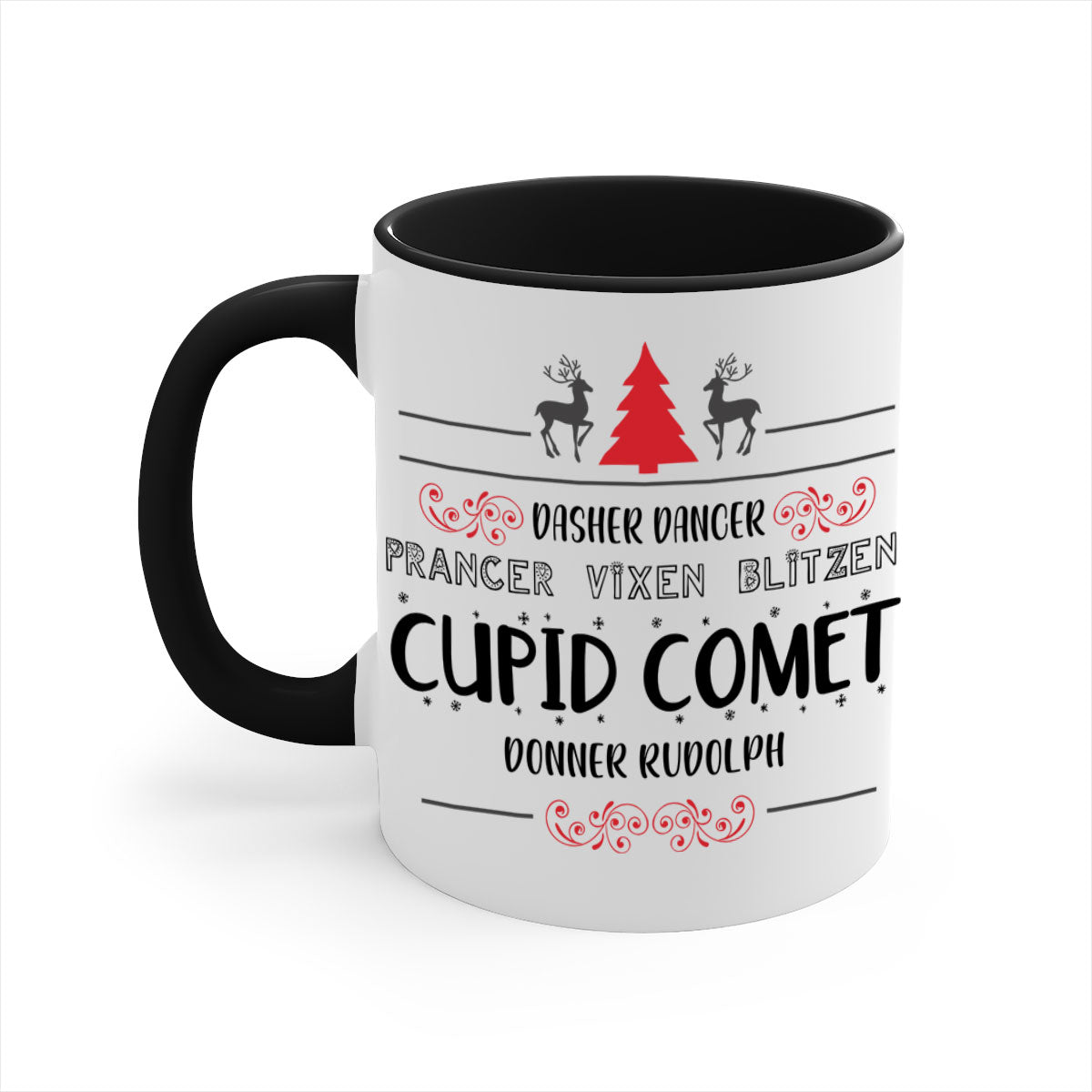 Ceramic Dasher Dancer Prancer Vixen Blitzen Cupid Comet Donner Rudolph Mug with colorful handle and glossy finish.