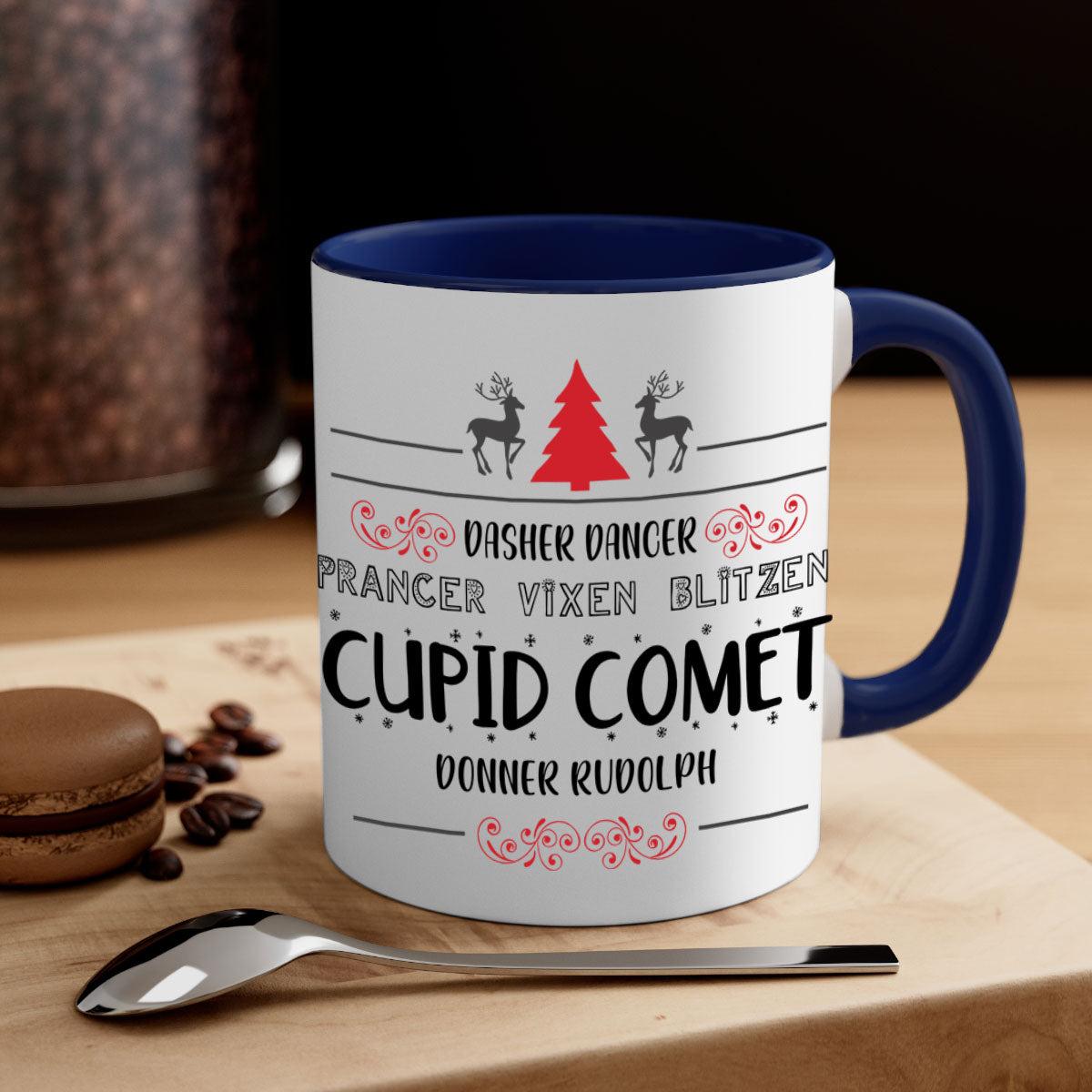 Ceramic Dasher Dancer Prancer Vixen Blitzen Cupid Comet Donner Rudolph Mug with colorful handle and glossy finish.