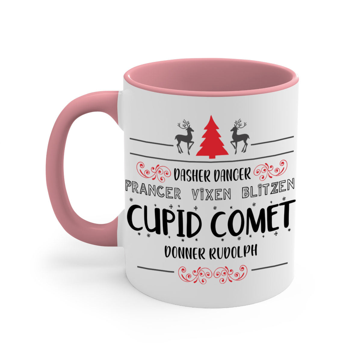 Ceramic Dasher Dancer Prancer Vixen Blitzen Cupid Comet Donner Rudolph Mug with colorful handle and glossy finish.