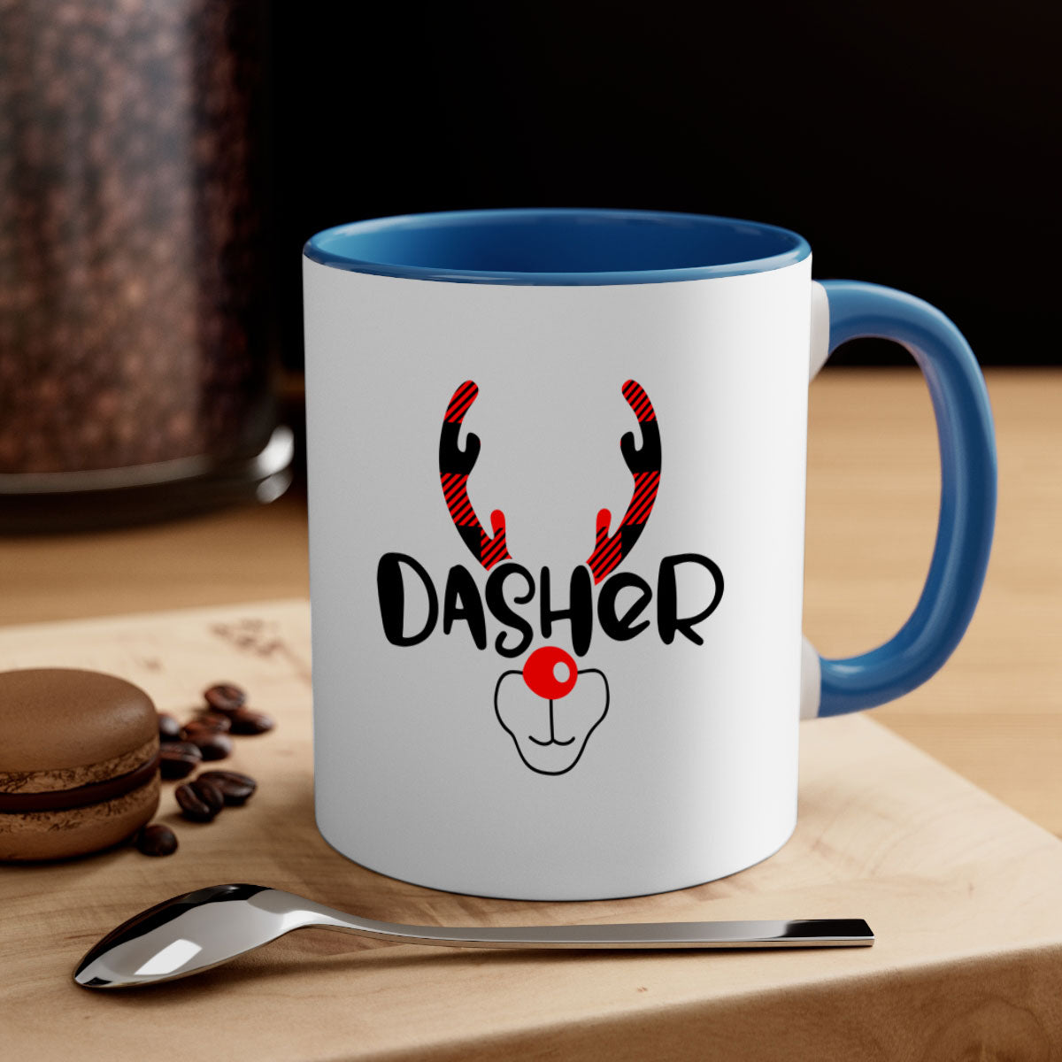 Dasher Reindeer Style Christmas Mug with colorful handle and glossy finish, perfect for festive beverages.