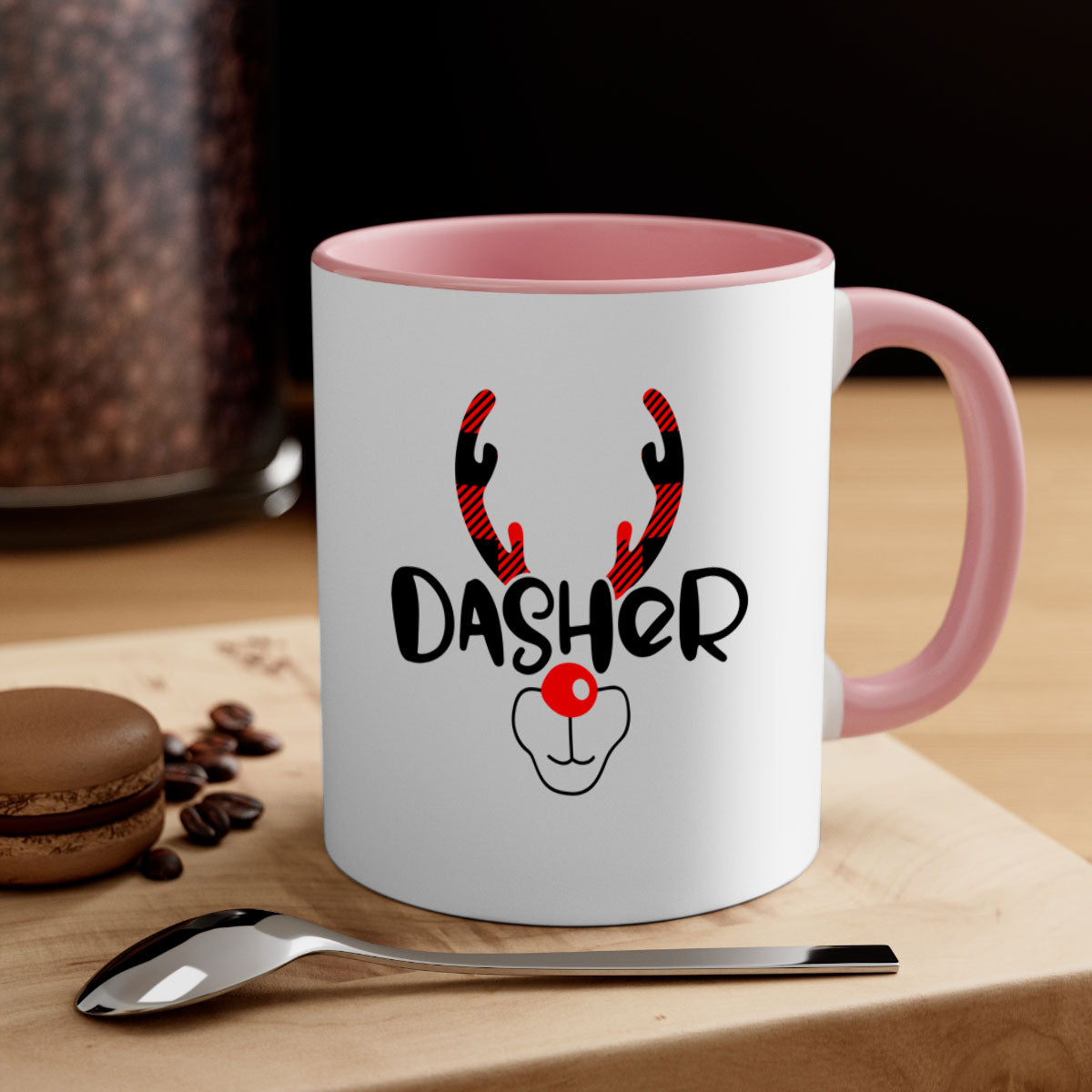Dasher Reindeer Style Christmas Mug with colorful handle and glossy finish, perfect for festive beverages.