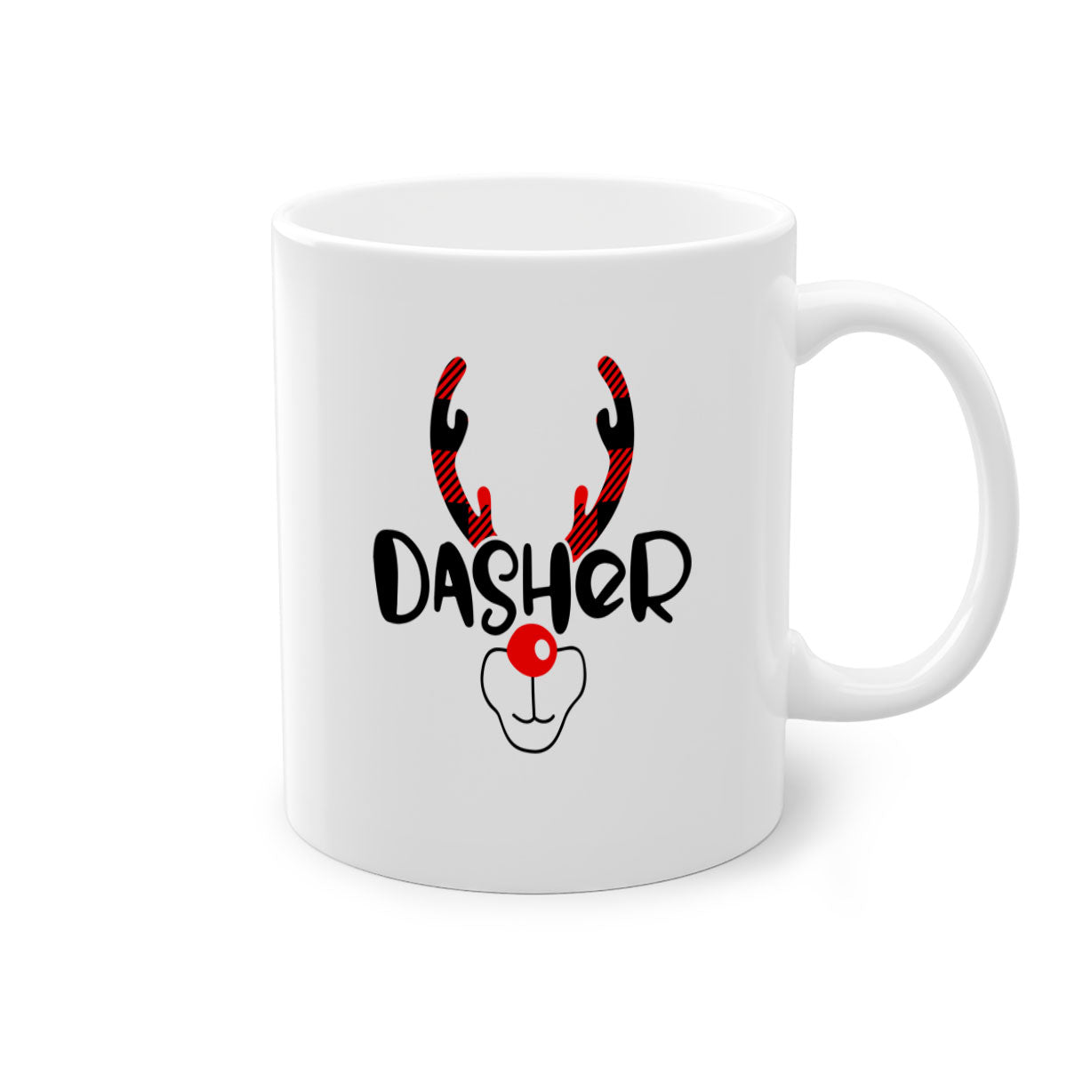 Dasher Reindeer Style Christmas Mug with colorful handle and glossy finish, perfect for festive beverages.