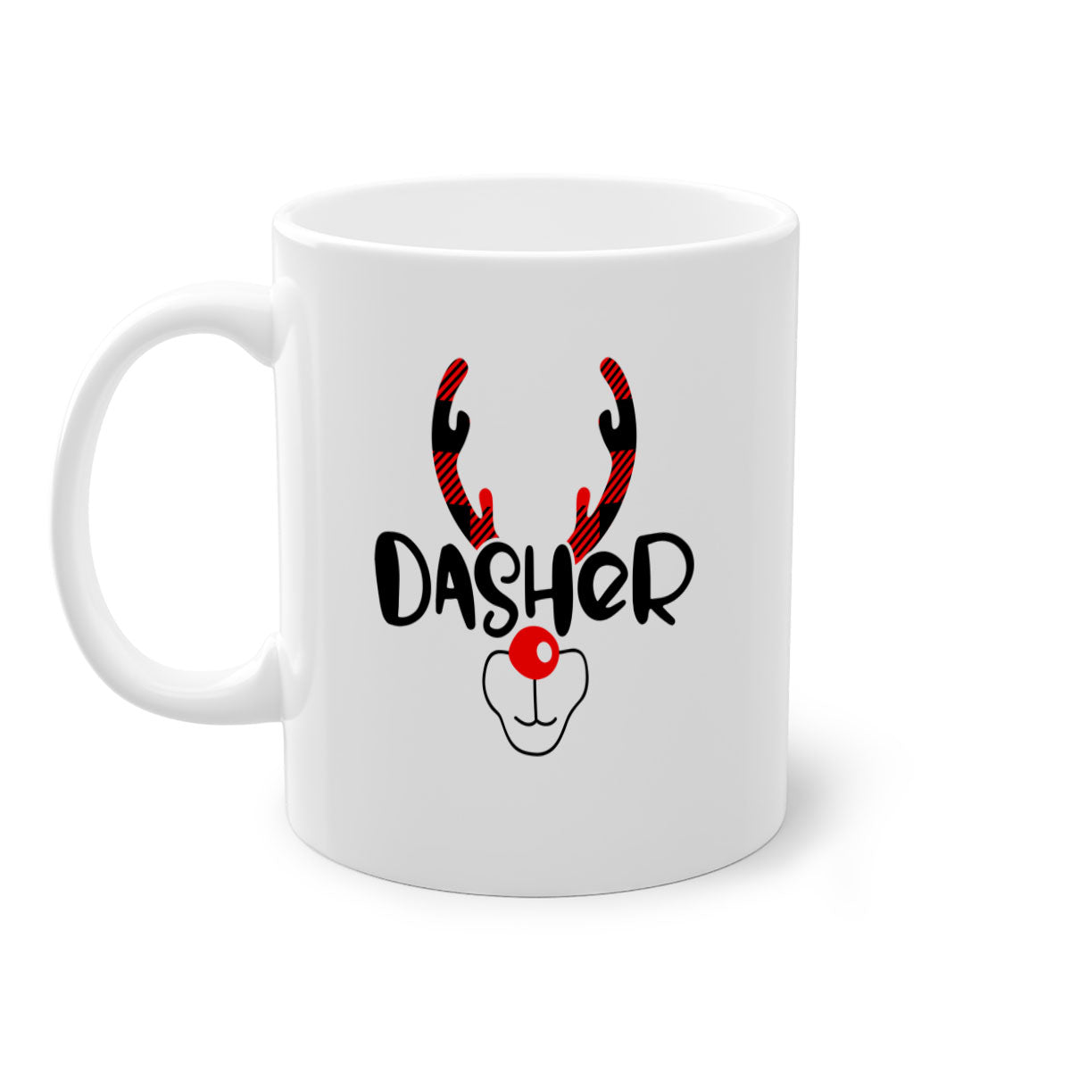 Dasher Reindeer Style Christmas Mug with colorful handle and glossy finish, perfect for festive beverages.