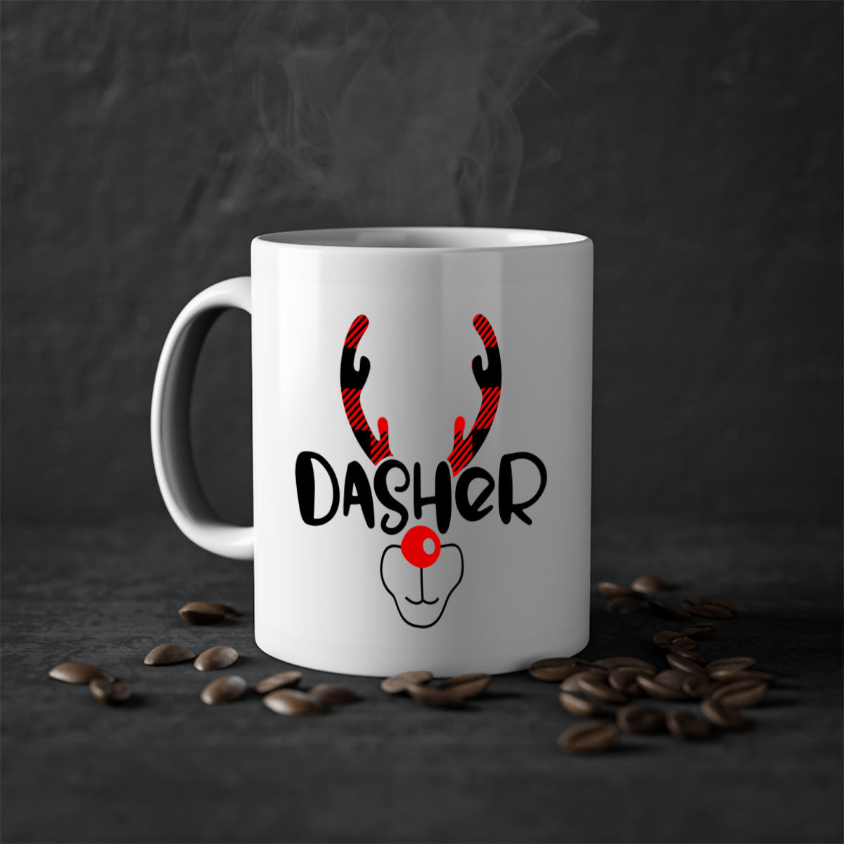 Dasher Reindeer Style Christmas Mug with colorful handle and glossy finish, perfect for festive beverages.