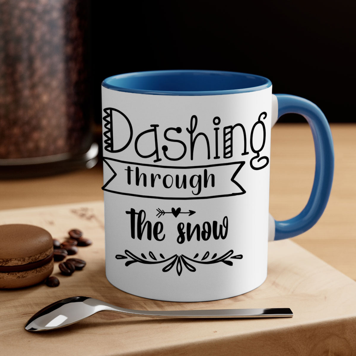 Dashing Through the Snow Style 149# Christmas Mug with a glossy finish, featuring a colored handle and interior, available in five colors.