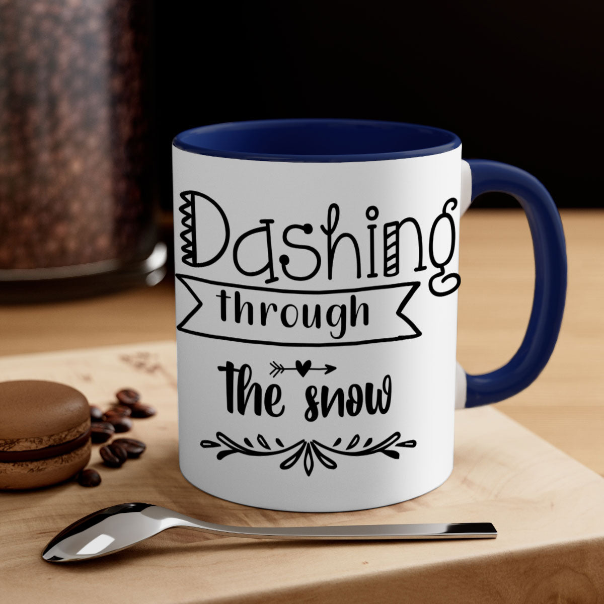 Dashing Through the Snow Style 149# Christmas Mug with a glossy finish, featuring a colored handle and interior, available in five colors.