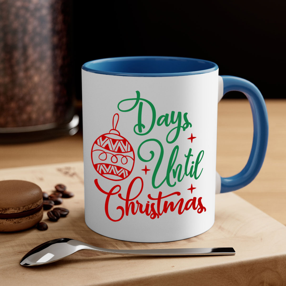 A stylish two-tone Christmas mug featuring a colored handle and glossy finish, perfect for coffee or tea lovers during the holiday season.