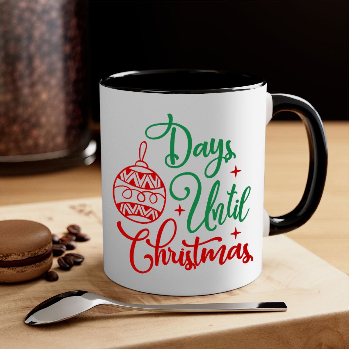 A stylish two-tone Christmas mug featuring a colored handle and glossy finish, perfect for coffee or tea lovers during the holiday season.