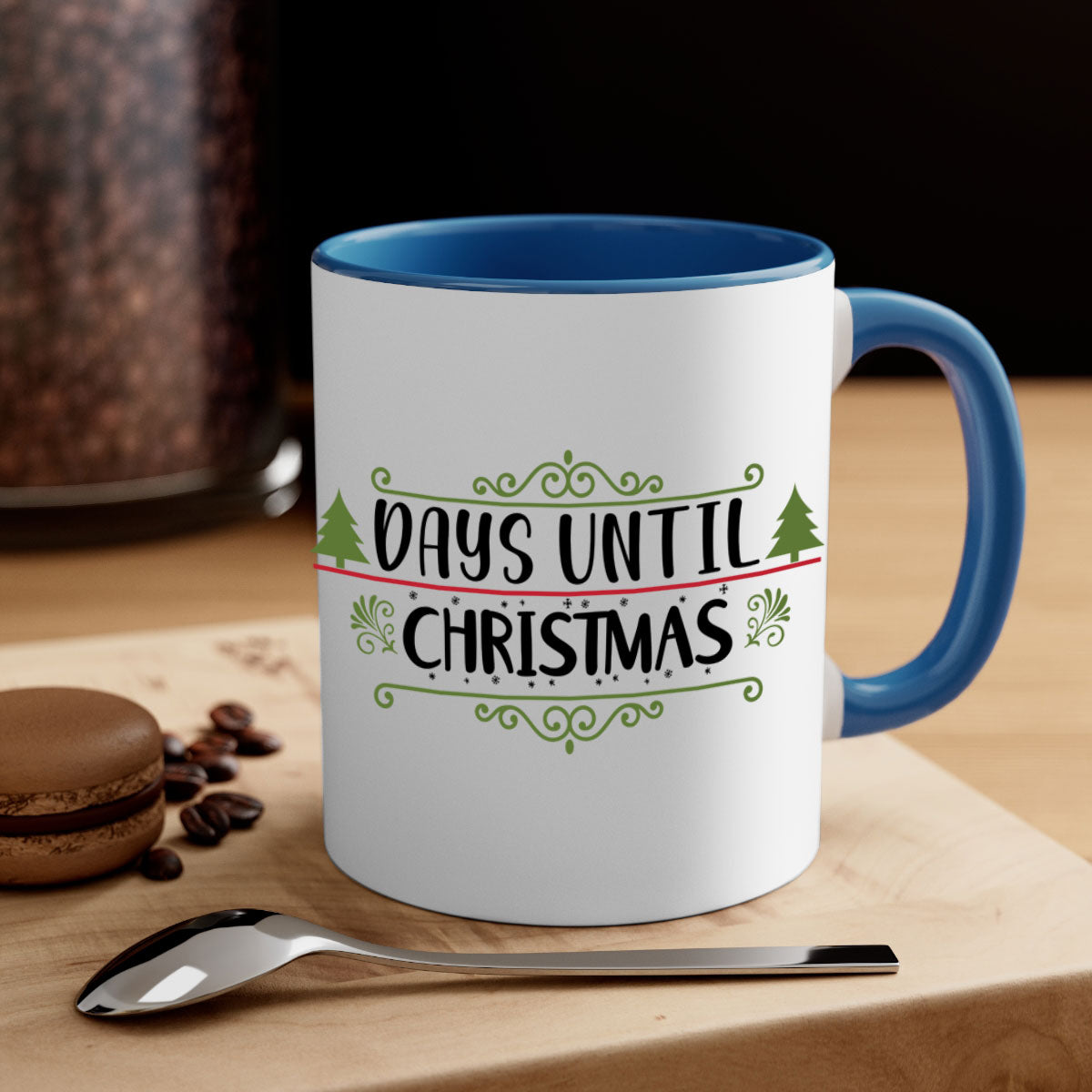 A stylish two-tone Christmas mug with a colored handle and glossy finish, perfect for coffee or tea during the holiday season.