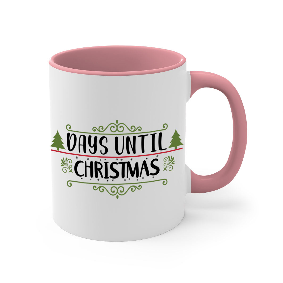 A stylish two-tone Christmas mug with a colored handle and glossy finish, perfect for coffee or tea during the holiday season.