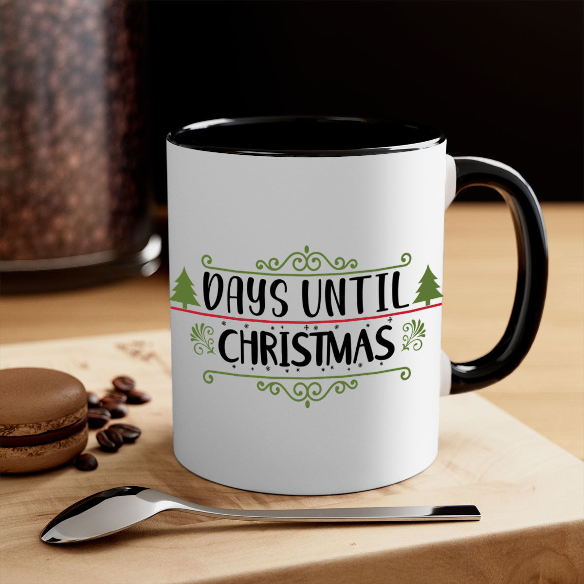 A stylish two-tone Christmas mug with a colored handle and glossy finish, perfect for coffee or tea during the holiday season.