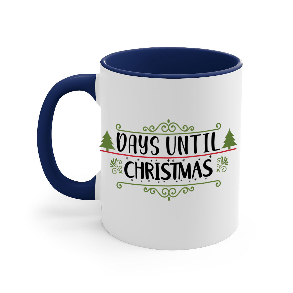 A stylish two-tone Christmas mug with a colored handle and glossy finish, perfect for coffee or tea during the holiday season.