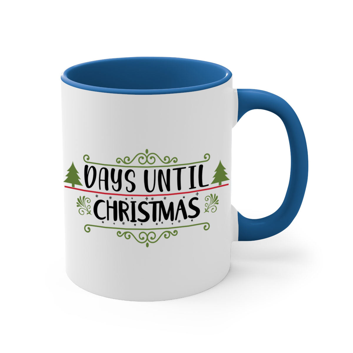 A stylish two-tone Christmas mug with a colored handle and glossy finish, perfect for coffee or tea during the holiday season.