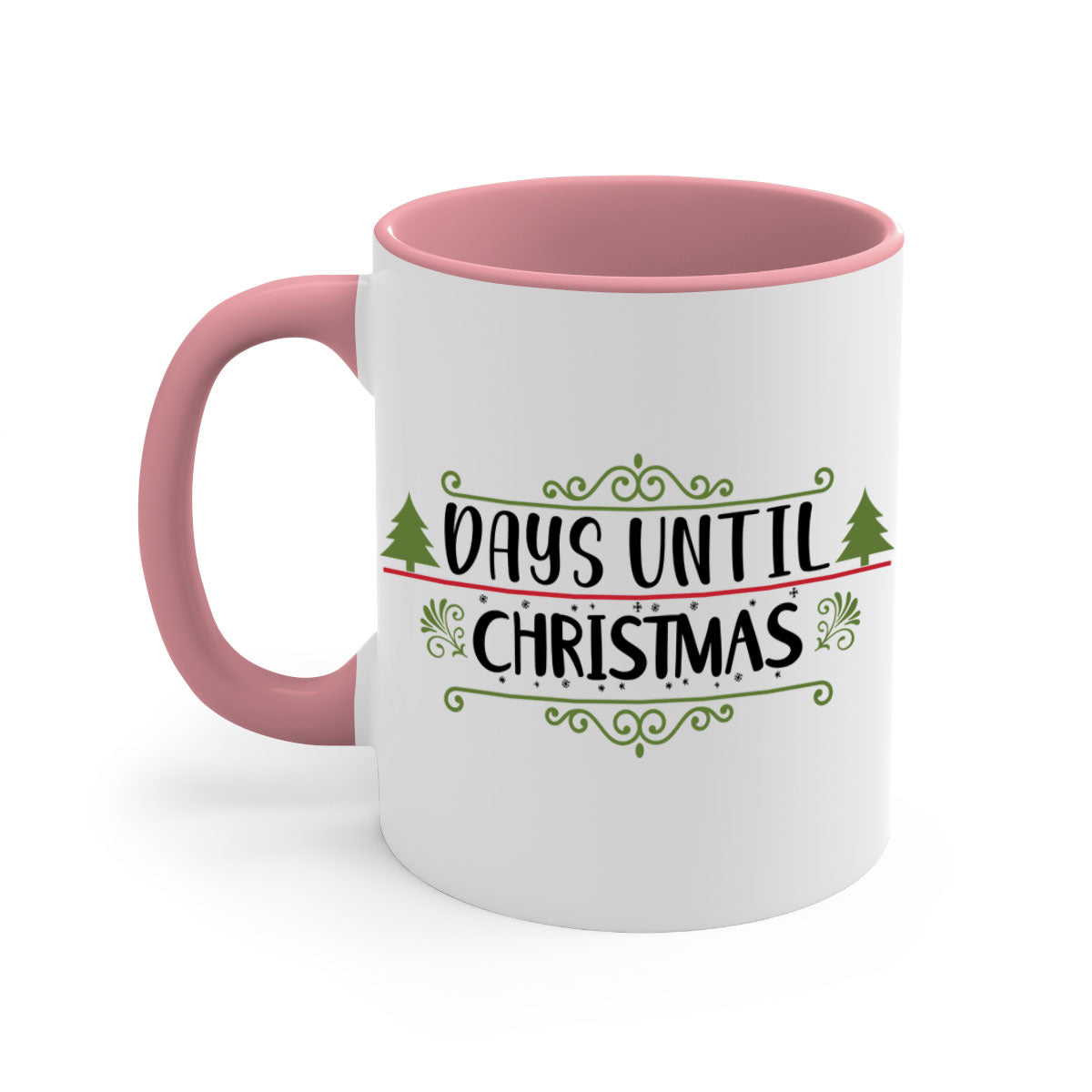 A stylish two-tone Christmas mug with a colored handle and glossy finish, perfect for coffee or tea during the holiday season.