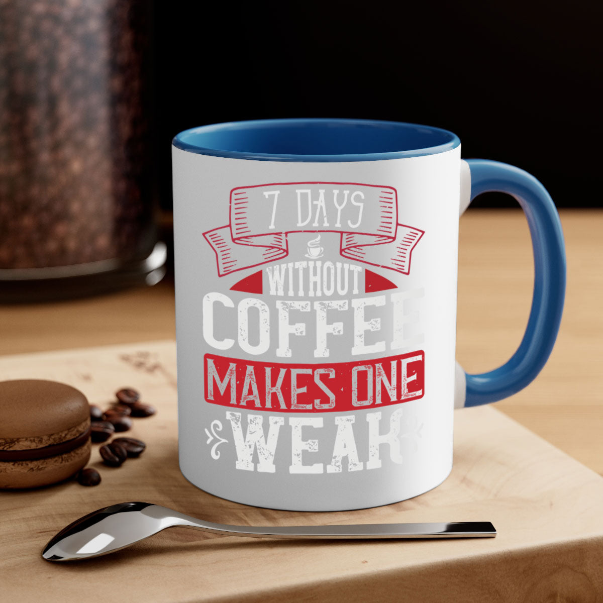 A stylish two-tone coffee mug with the phrase 'Days Without Coffee Makes One Weak', featuring a colored handle and glossy finish.