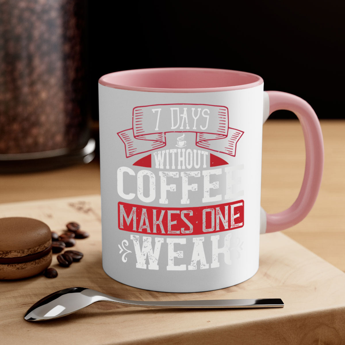 A stylish two-tone coffee mug with the phrase 'Days Without Coffee Makes One Weak', featuring a colored handle and glossy finish.
