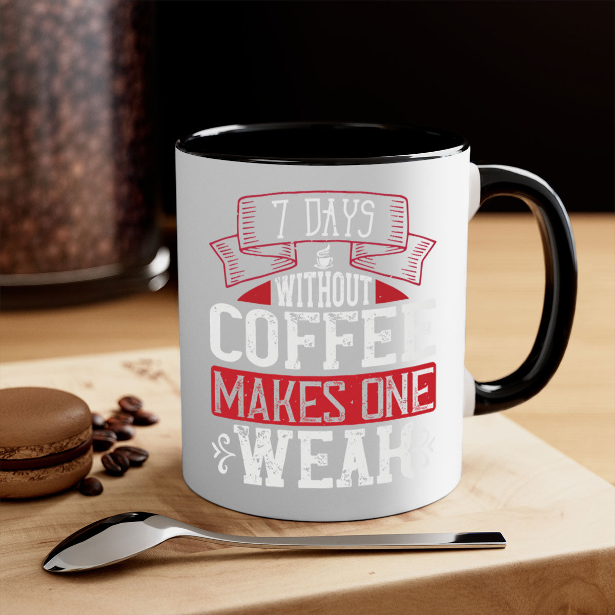 A stylish two-tone coffee mug with the phrase 'Days Without Coffee Makes One Weak', featuring a colored handle and glossy finish.