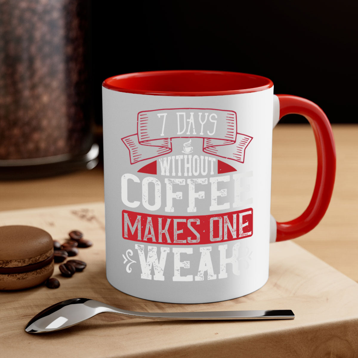 A stylish two-tone coffee mug with the phrase 'Days Without Coffee Makes One Weak', featuring a colored handle and glossy finish.