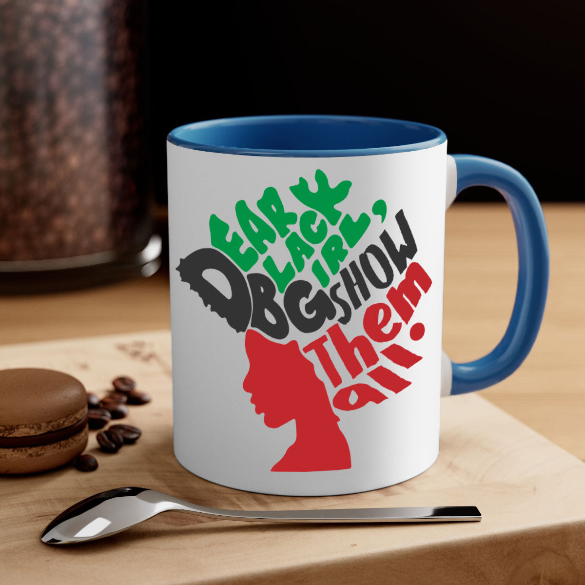 Dear Black Girl Show Them All Color 175# Mug featuring a glossy finish, colored handle, and interior, available in multiple colors.