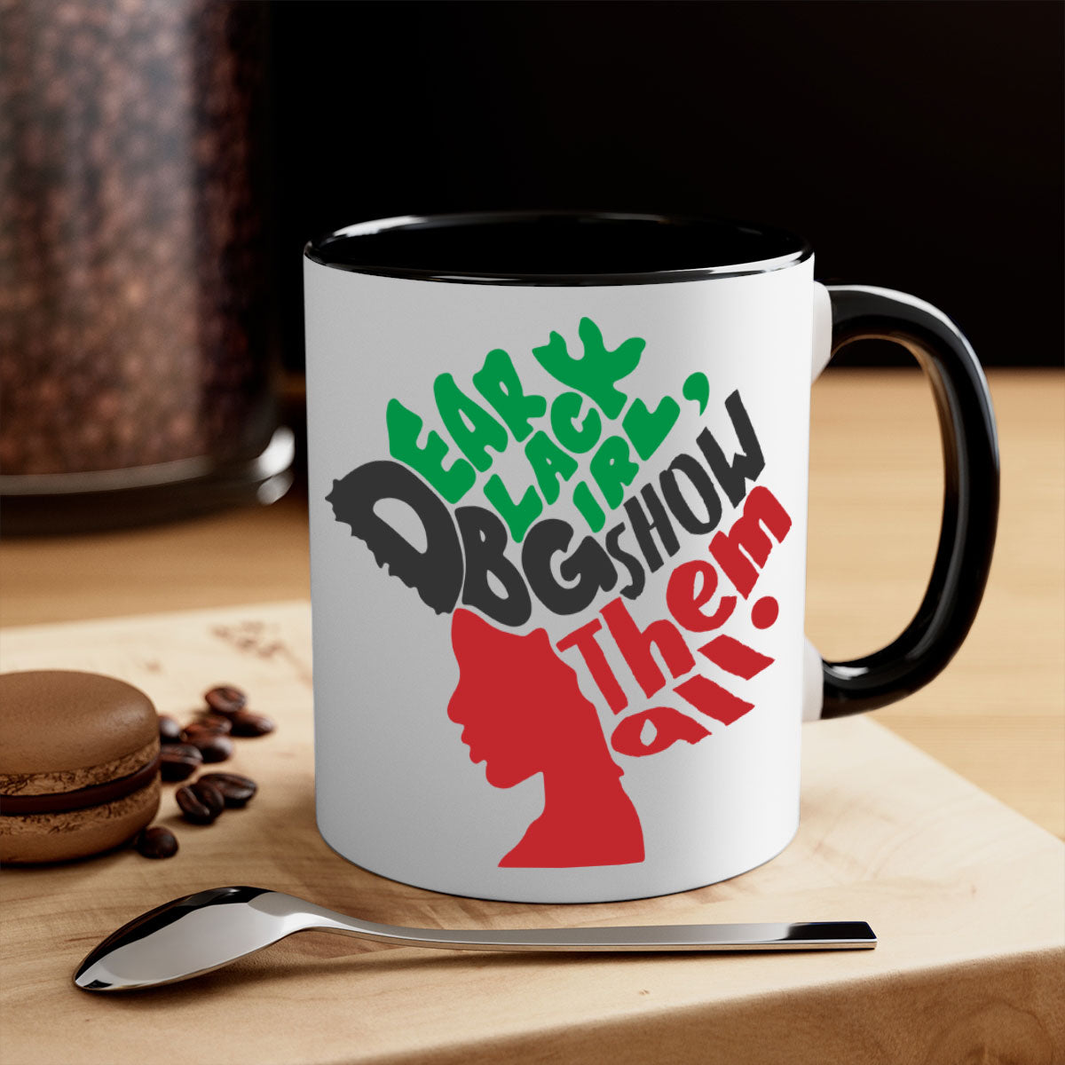 Dear Black Girl Show Them All Color 175# Mug featuring a glossy finish, colored handle, and interior, available in multiple colors.
