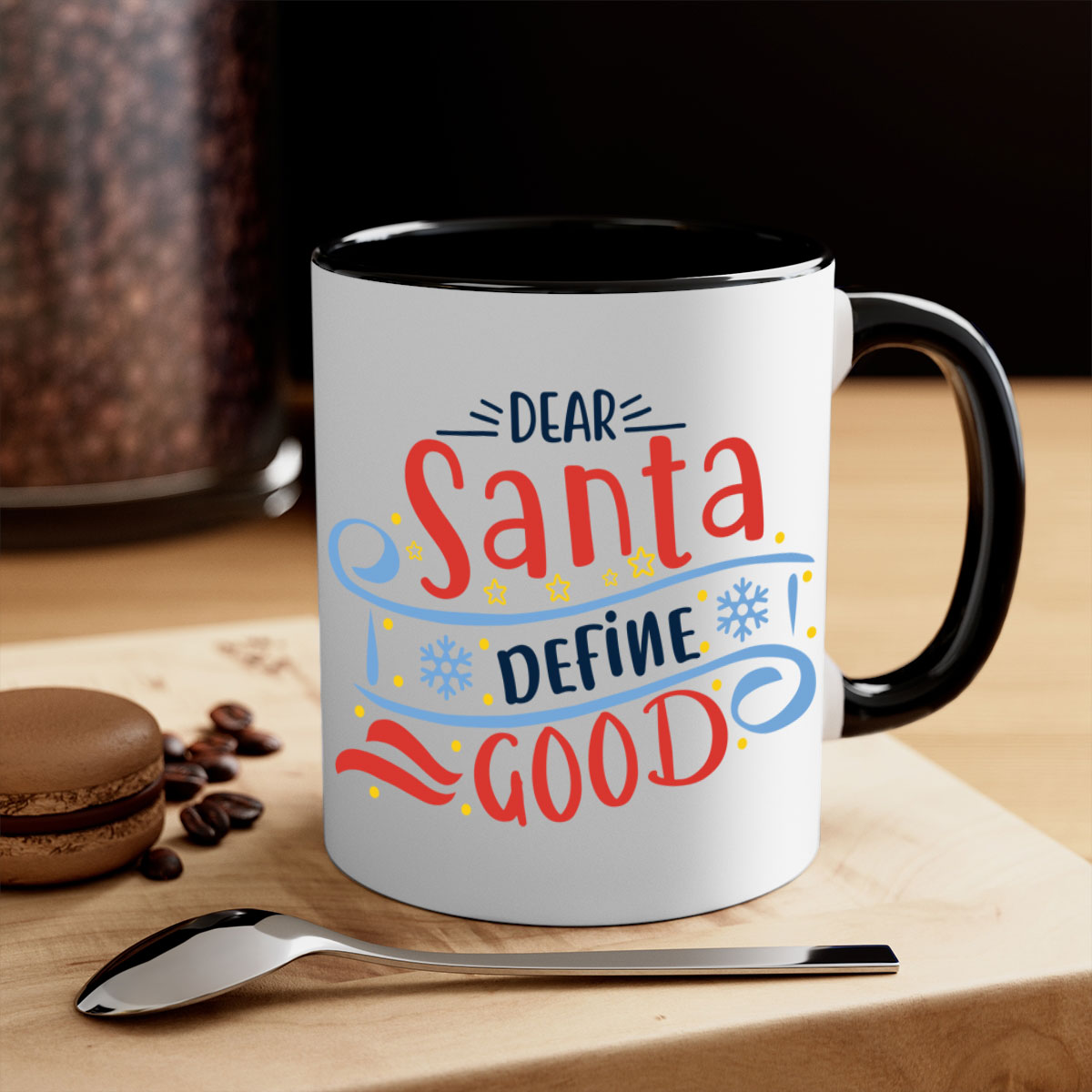 Dear Santa Define Good Christmas Mug with colorful handle and interior, glossy finish, available in two sizes.