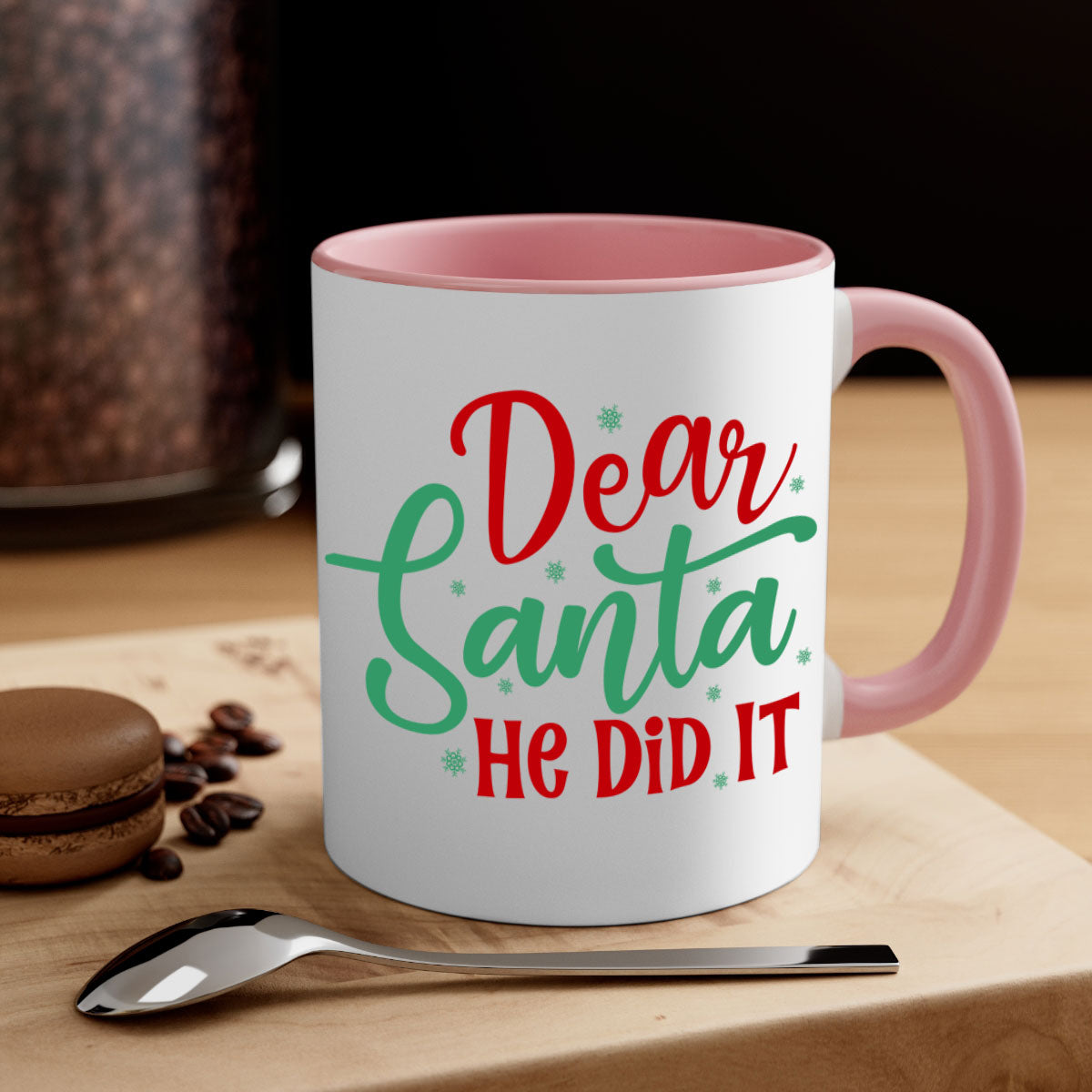 Dear Santa He Did It Christmas Mug with colorful handle and interior, featuring a glossy finish, perfect for holiday beverages.