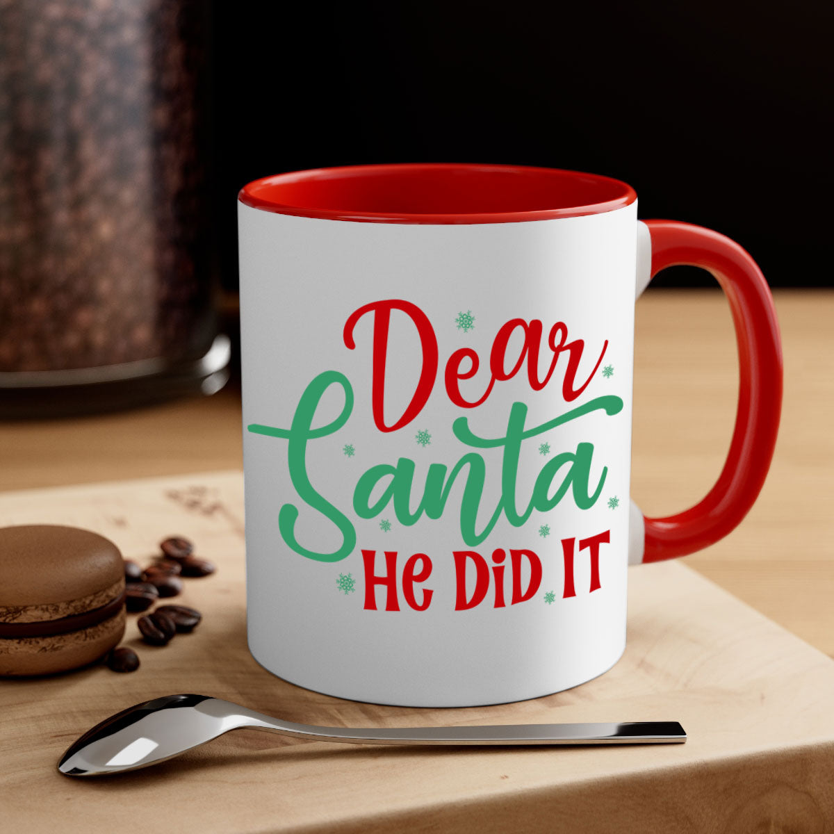 Dear Santa He Did It Christmas Mug with colorful handle and interior, featuring a glossy finish, perfect for holiday beverages.