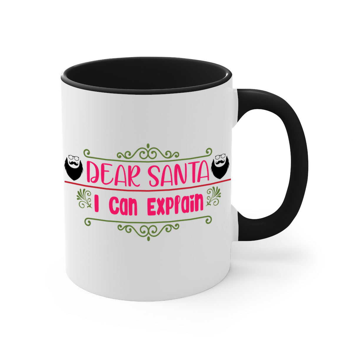 Dear Santa I Can Explain Mug with colorful handle and glossy finish, perfect for Christmas beverages.