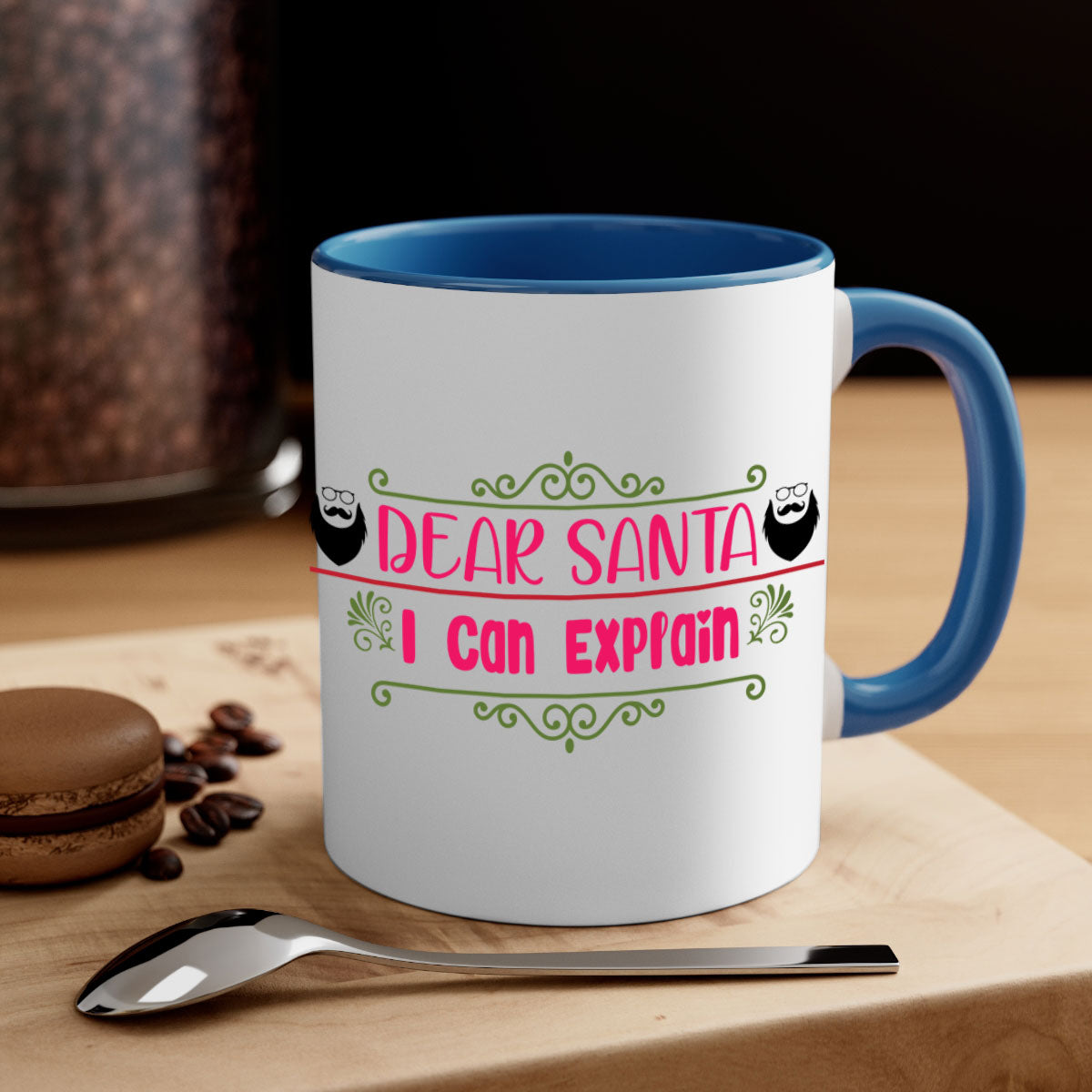 Dear Santa I Can Explain Mug with colorful handle and glossy finish, perfect for Christmas beverages.