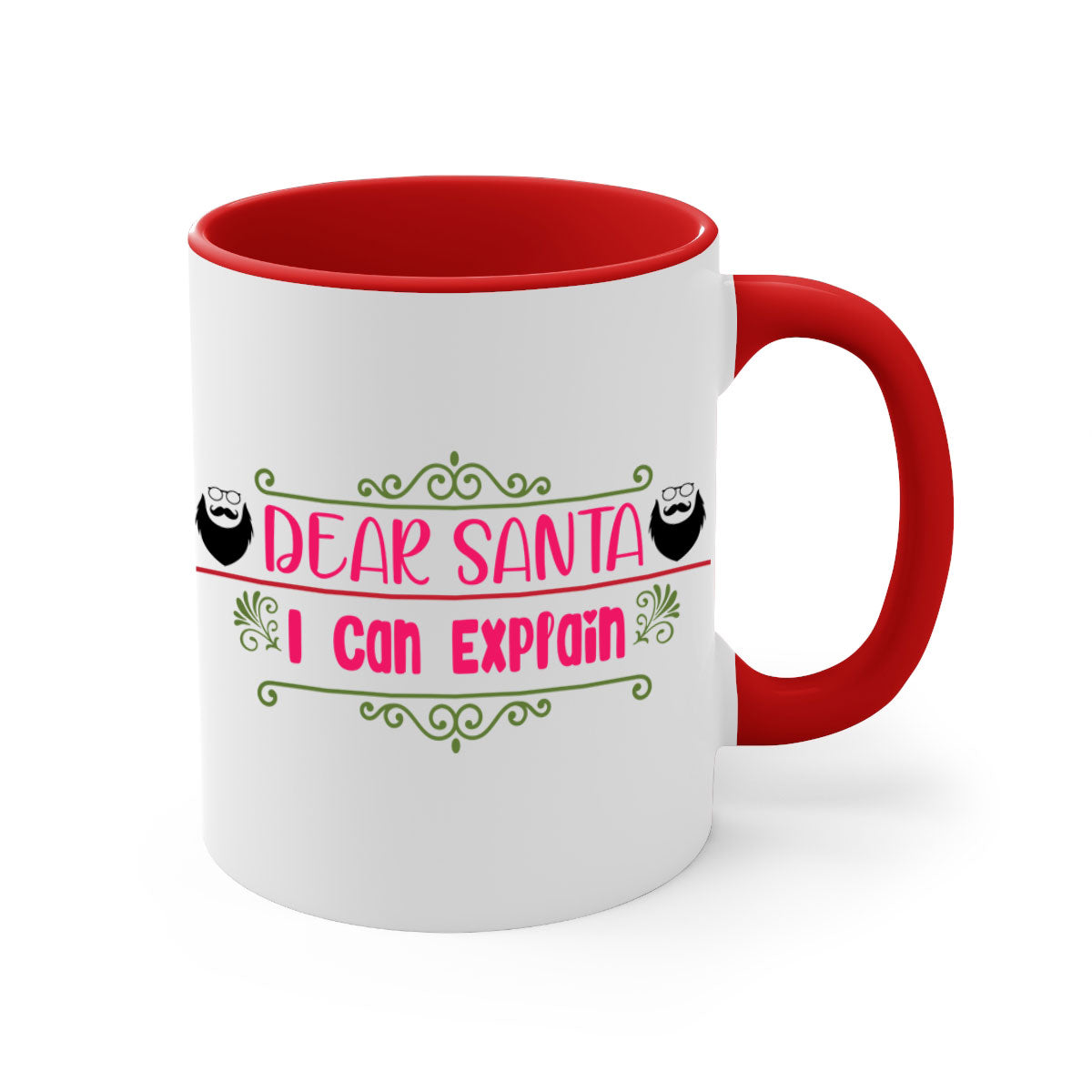 Dear Santa I Can Explain Mug with colorful handle and glossy finish, perfect for Christmas beverages.