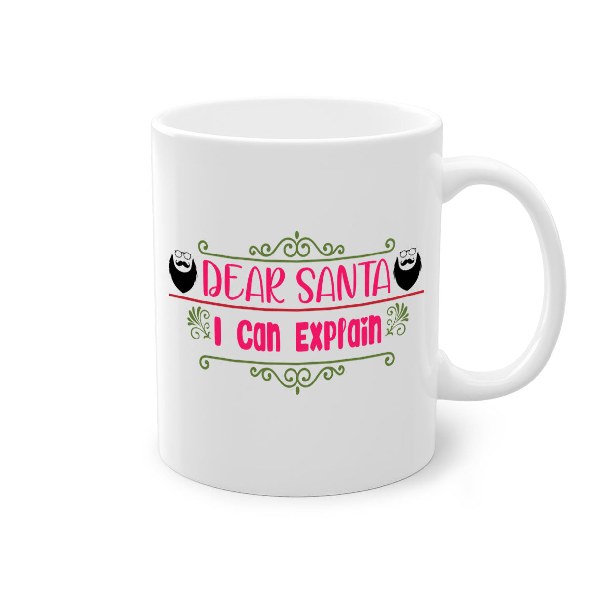 Dear Santa I Can Explain Mug with colorful handle and glossy finish, perfect for Christmas beverages.
