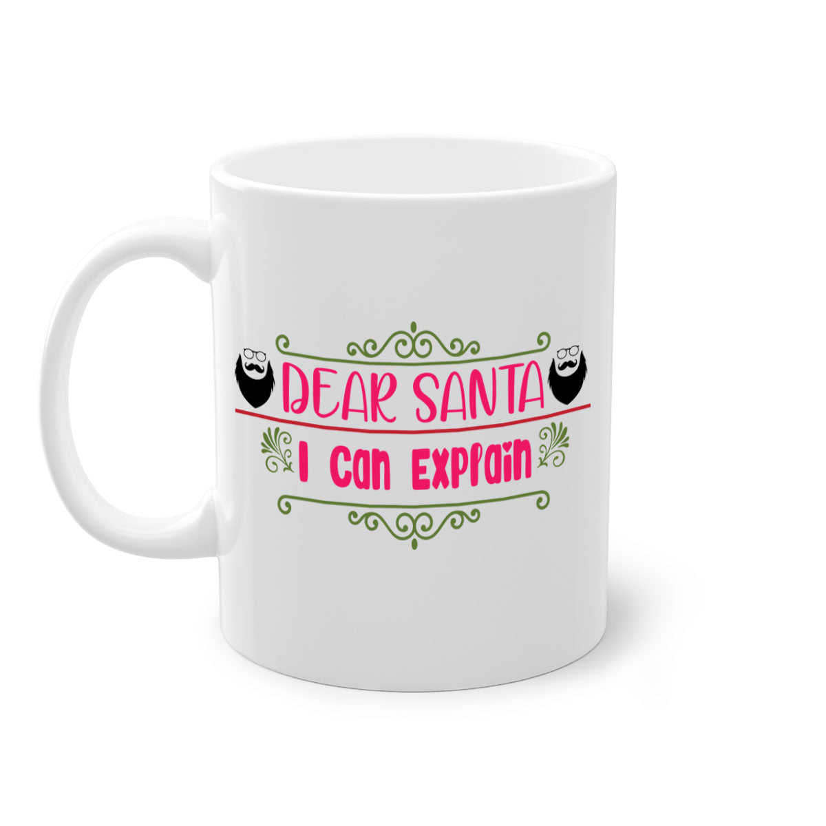Dear Santa I Can Explain Mug with colorful handle and glossy finish, perfect for Christmas beverages.