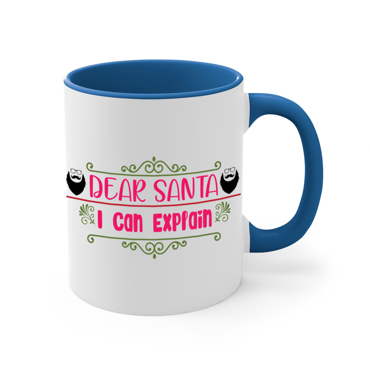 Dear Santa I Can Explain Mug with colorful handle and glossy finish, perfect for Christmas beverages.
