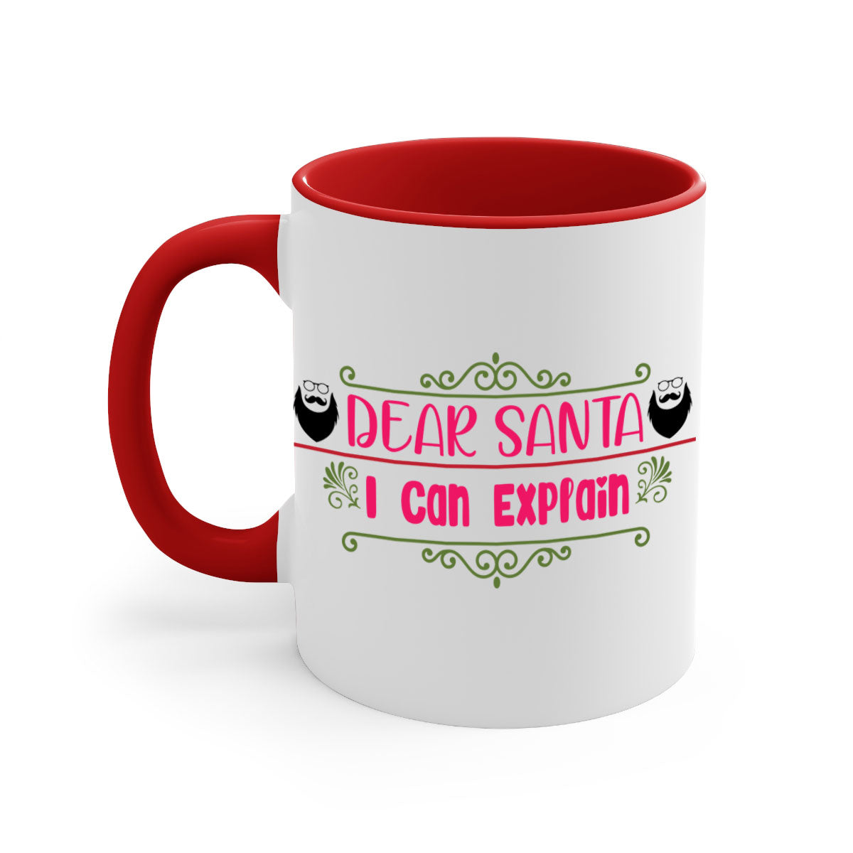 Dear Santa I Can Explain Mug with colorful handle and glossy finish, perfect for Christmas beverages.