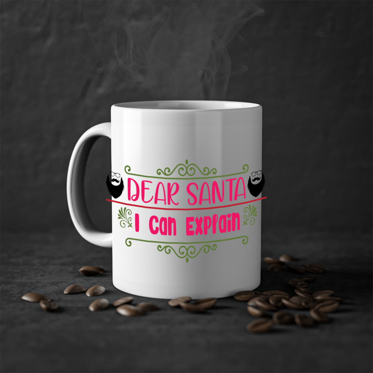 Dear Santa I Can Explain Mug with colorful handle and glossy finish, perfect for Christmas beverages.
