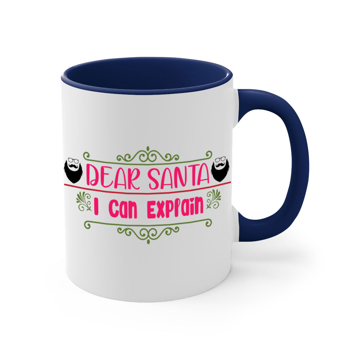 Dear Santa I Can Explain Mug with colorful handle and glossy finish, perfect for Christmas beverages.