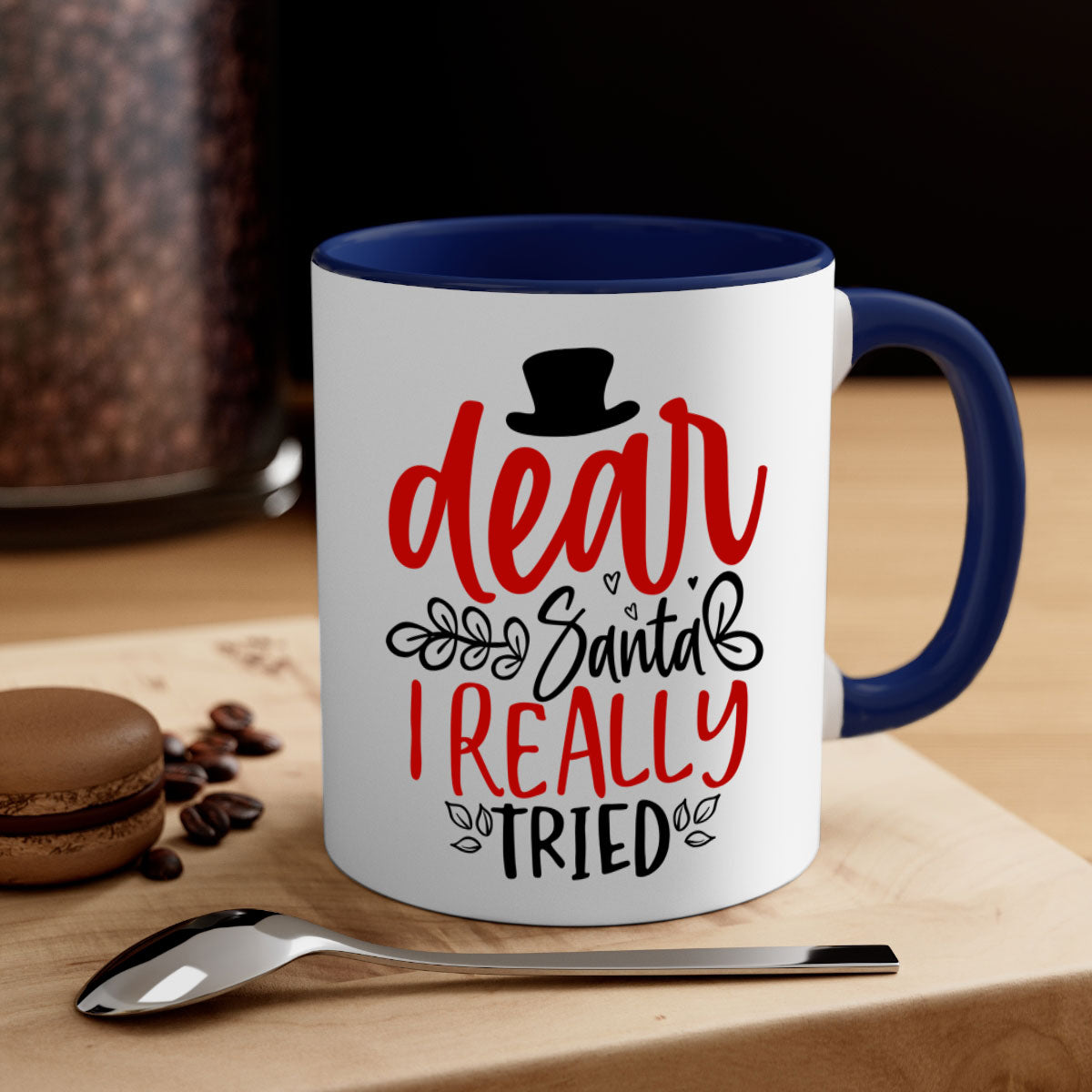 Dear Santa I Really Tried Mug with colorful handle and glossy finish, perfect for Christmas beverages.