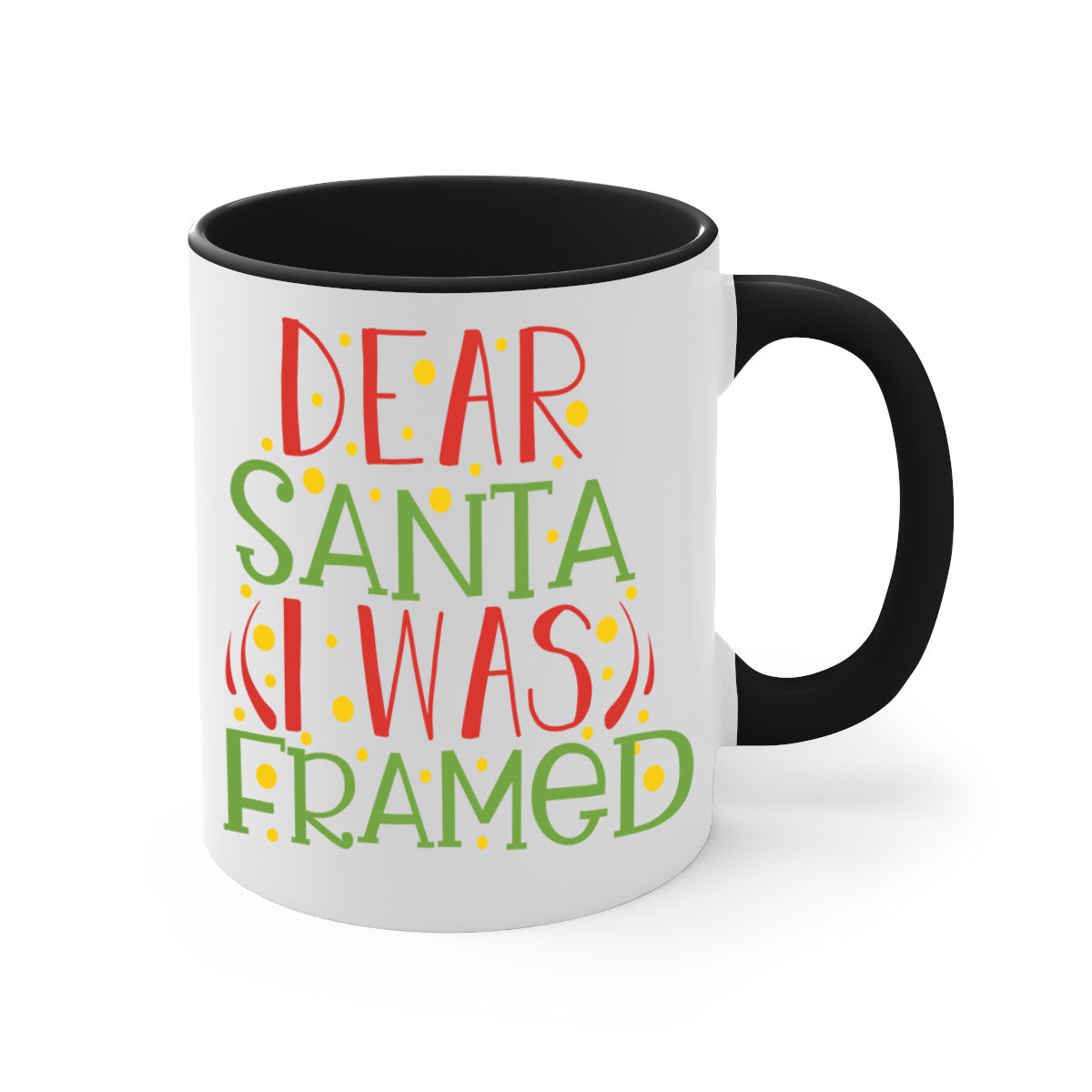 A two-tone ceramic mug with the phrase 'Dear Santa I Was Framed' printed on it, featuring a glossy finish and a colored handle.