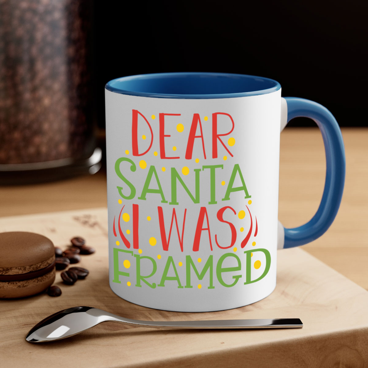 A two-tone ceramic mug with the phrase 'Dear Santa I Was Framed' printed on it, featuring a glossy finish and a colored handle.