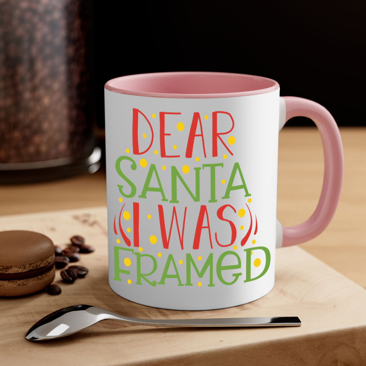 A two-tone ceramic mug with the phrase 'Dear Santa I Was Framed' printed on it, featuring a glossy finish and a colored handle.