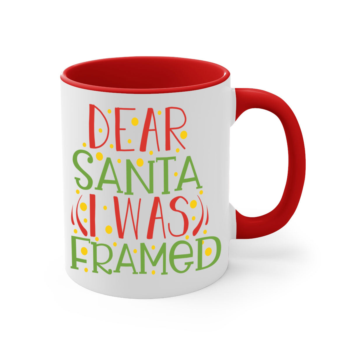 A two-tone ceramic mug with the phrase 'Dear Santa I Was Framed' printed on it, featuring a glossy finish and a colored handle.