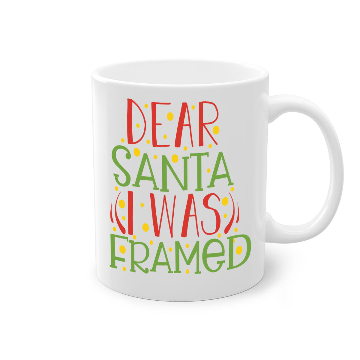 A two-tone ceramic mug with the phrase 'Dear Santa I Was Framed' printed on it, featuring a glossy finish and a colored handle.