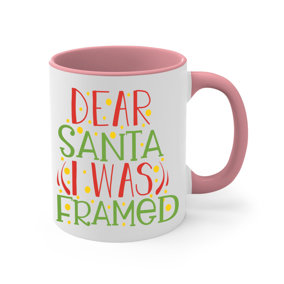 A two-tone ceramic mug with the phrase 'Dear Santa I Was Framed' printed on it, featuring a glossy finish and a colored handle.