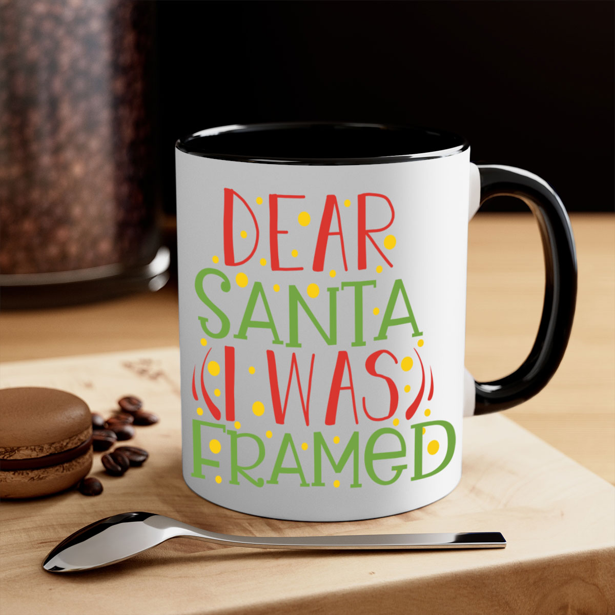 A two-tone ceramic mug with the phrase 'Dear Santa I Was Framed' printed on it, featuring a glossy finish and a colored handle.