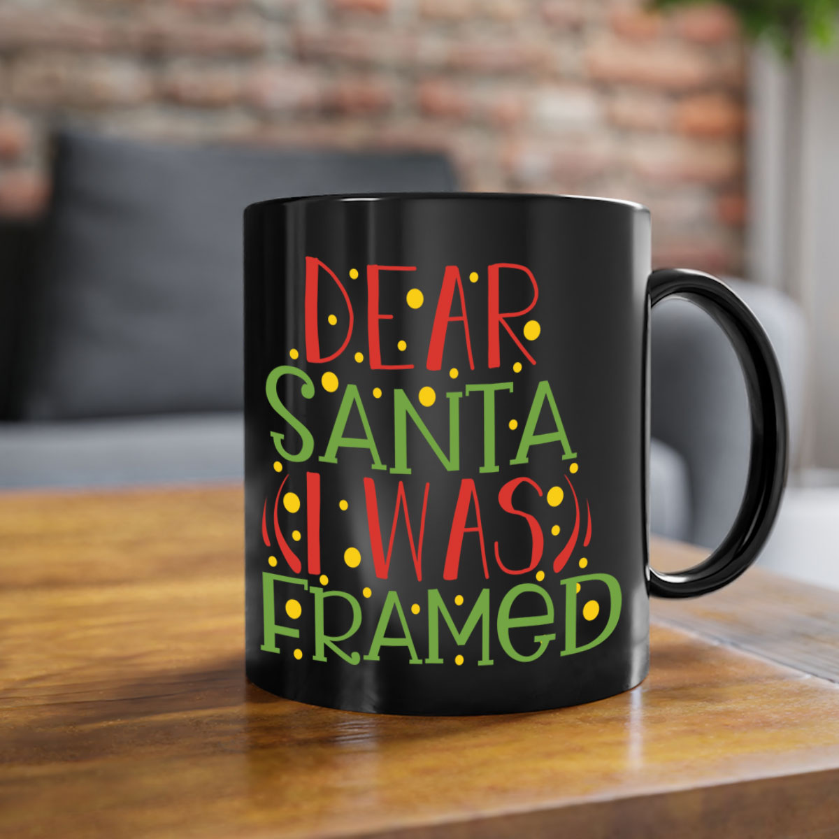 A two-tone ceramic mug with the phrase 'Dear Santa I Was Framed' printed on it, featuring a glossy finish and a colored handle.