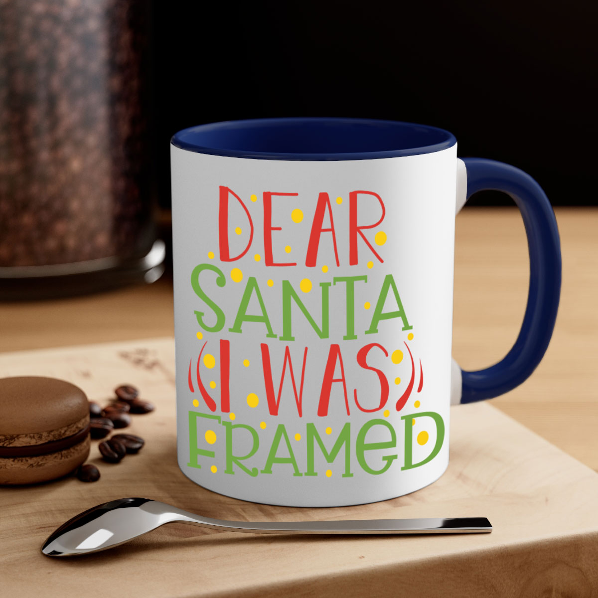 A two-tone ceramic mug with the phrase 'Dear Santa I Was Framed' printed on it, featuring a glossy finish and a colored handle.
