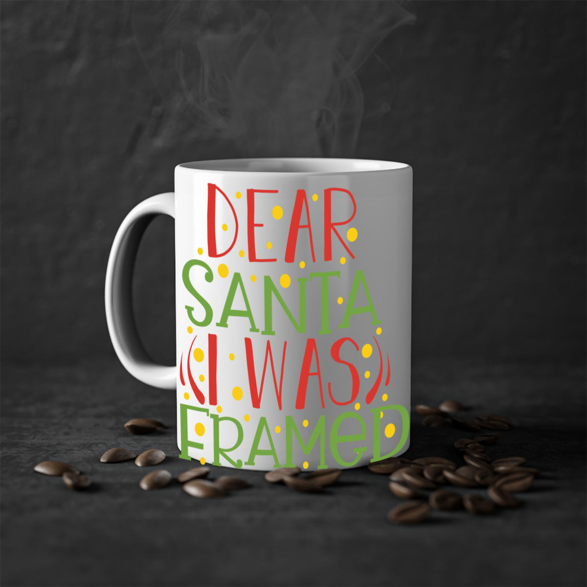 A two-tone ceramic mug with the phrase 'Dear Santa I Was Framed' printed on it, featuring a glossy finish and a colored handle.